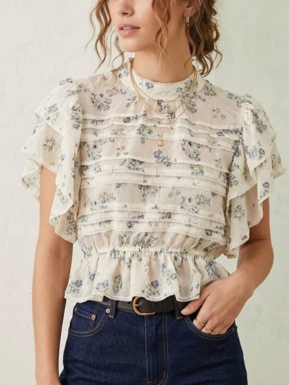 Free People Sheer Floral Printed Lace Ruffle Smocked Blouse Top Tiered S 290462